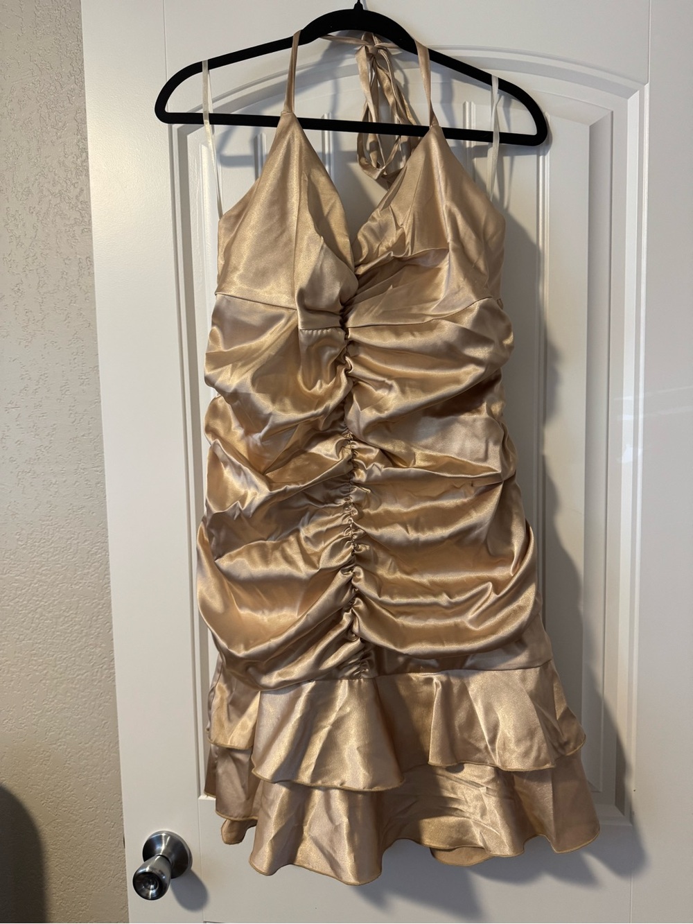 Champagne Satin Ruched Halter Dress